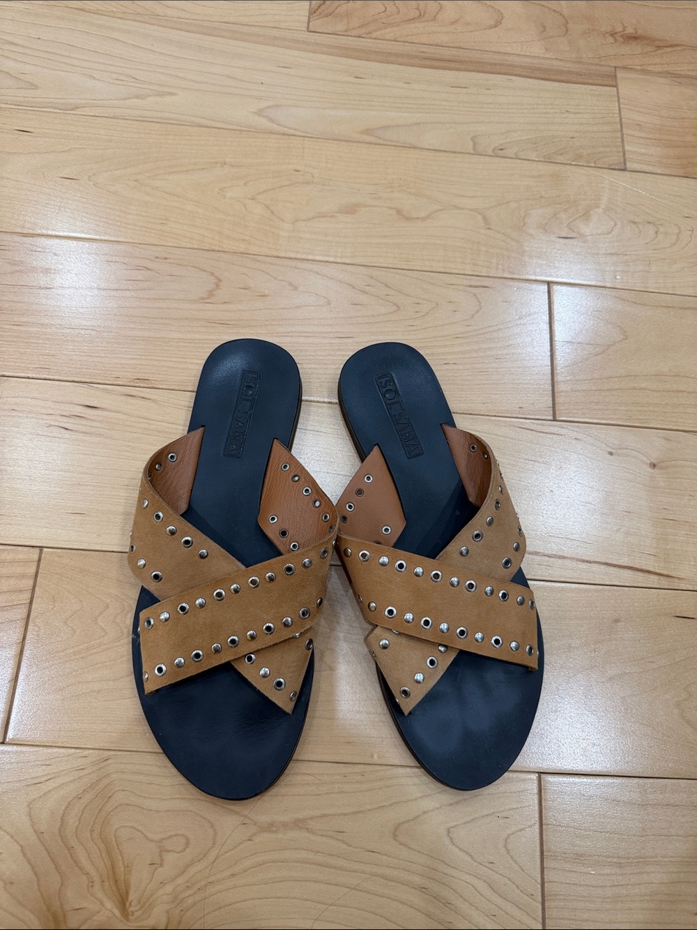 Sol Sana Women’s Kimber Tan Studded Crisscross Slide Sandals